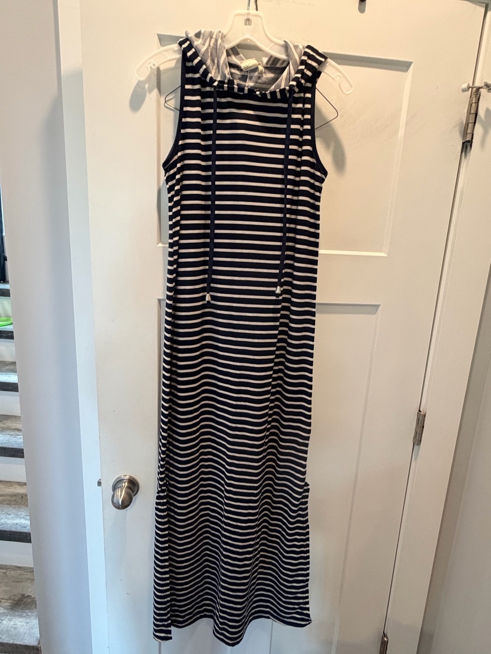 Beach By Exist Hooded Maxi Dress Medium Navy White Striped Sleeveless Casual